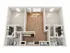 Elegant 3D floor plan with two bedrooms, a central living area, two bathrooms, and modern kitchen design.