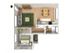 3D floorplan of one-bedroom, one-bathroom with furniture