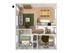 3D floorplan of two-bedroom, one-bathroom with furniture