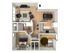 3D floorplan of two-bedroom, one-bathroom with furniture