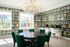 1810 The Social, interior, computer room, gray, white, green, black, yellow book wall paper, three Mac computers, white desk and chairs, large black table with green chairs, large windows