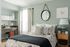 1810 The Social, interior, bedroom, grays and whites, wood dresser, bed, desk and chair, large window