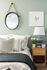 1810 The Social, interior, bedroom, grays and whites, bed, night stand, mirror