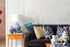 1810 The Social, interior, living room, black, tan, blue and red decor, sofa