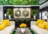 1800 The Ivy, interior, white, black, yellow, green decor, sofas, pillows, bar seating,