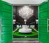 1800 The Ivy, interior, seating area, dark walls and floors, green accents, white circular sofa, mirrors, chandelier, windows, green doors