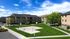 Charming apartment complex with lush green spaces, recreational basketball court, and scenic views under a bright blue sky.
