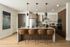 Contemporary kitchen with sleek island, modern appliances, and stylish bar stools.
