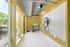 Bright pet grooming area with a cheerful yellow interior, modern washing station, and large windows offering natural light.