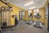 Modern apartment fitness center with vibrant yellow walls, featuring two treadmills, gym equipment, and large windows for natural light.