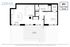 Efficient floor plan depicting 1 bedroom, an open kitchen, cozy living room, and spacious terrace.