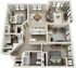 Modern 3D floor plan showcasing a spacious apartment with two bedrooms, open-concept living and dining area, sleek kitchen with island seating, and functional home office space.