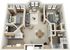 Inviting floor plan showcasing 2 bedrooms, a cozy living room, modern kitchen, and elegant dining area with stylish decor.