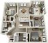 Elegant 3D floor plan featuring two bedrooms, a cozy living room, modern kitchen with bar seating, and a stylish dining area.