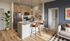 Chic modern kitchen with a sleek island, stylish bar stools, and elegant pendant lighting, complemented by cozy living room decor in an inviting open-concept space.