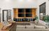Contemporary living room with sleek wooden accent wall and four large TVs, featuring modern seating and abundant natural light.