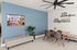 Chic work area with a modern table, stylish chairs, indoor plant, and vibrant artwork on a blue accent wall.