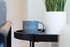 Chic interior detail with a cozy grey mug labeled 'ACERO' next to a vibrant green plant on a sleek black table.