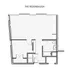 The Ridenbaugh floor plan illustrating a single-bedroom apartment with a spacious living area and modern kitchen.