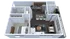 Modern 3D floor plan with a cozy bedroom, sleek kitchen with bar seating, inviting living area, and charming dining space.