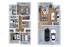 Modern duplex floor plan featuring three cozy bedrooms, spacious open-concept living and dining area, sleek kitchen, and a convenient two-car garage.
