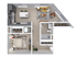 Modern L-shaped floor plan featuring 1 bedroom, open-concept kitchen with island seating, and a cozy living area with stylish decor.