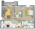 3D floor plan showcasing 1 bedroom, a spacious living room, kitchen, dining area, and two baths with a deck.