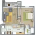 Elegant floor plan displaying a spacious 1-bedroom apartment with a living room, kitchen, dining area, bath, and a deck.