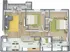 3D floor plan showcasing a modern layout with 2 bedrooms, open kitchen, and living area with deck access.