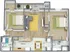 Bright 3D floor plan featuring 2 bedrooms, an airy living room, kitchen, and dining area with a private deck.