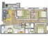 3D floor plan of a spacious apartment with 3 bedrooms, open living room, kitchen, dining area, and cozy deck.