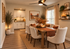 Elegant dining area with warm autumn decor, featuring a wooden table, plush chairs, and a cozy atmosphere adjacent to a sleek modern kitchen.