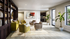 Chic living room with stylish furniture, open bookshelves, and large windows offering garden views.