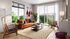 Bright and modern living room with a stylish brown sofa, large window views, and elegant decor.