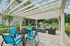 Princeton Westford Apartments | Outdoor patio area with pergola, black round table, and bright blue chairs in the foreground; gray outdoor sofas and chairs with green cushions in the background. Enjoy the community grilling area and firepit at Princeton Westford Apartments near a lush green lawn. | Apartments with EV Charging in Westford