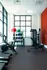 A modern gym at The Charley Apartments in Allston MA features cardio machines, a rack of colorful exercise balls and dumbbells, and strength training equipment, all set by large windows with natural light. | The Charley | Apartment in Allston, MA