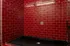 A pet spa with shiny, dark red subway tiles on the walls, black flooring with a drain in the center, and a wall-mounted fixture&mdash;perfect for a sleek pet spa in Allston MA. A bright light is reflected on the upper tiles. | The Charley | Apartment in Allston, MA