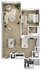 Contemporary floor plan with one bedroom, open living area, modern kitchen, and bathroom.