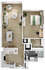 Contemporary floor plan with a bedroom, open living-dining area, and modern kitchen.