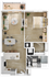 Elegant floor plan featuring a bedroom, open living space, kitchen, and bathroom with a balcony view.