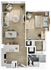 Contemporary floor plan featuring one bedroom, open living and dining area with modern kitchen.