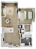 Elegant floor plan featuring an open-concept living room, one bedroom, and a modern kitchen.