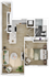 Elegant 3D floor plan depicting a one-bedroom apartment with open living area and modern kitchen.