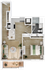 Modern floor plan of an apartment with 1 bedroom, open kitchen, spacious living room, and balcony.