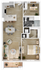 Detailed floor plan showcasing a modern 1-bedroom apartment with open-plan kitchen and living area and balcony.