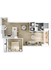 Impressive 3D floor plan featuring one bedroom, an open living area, a modern kitchen with island seating, and a chic bathroom.