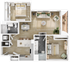 Modern apartment floor plan featuring 2 bedrooms, open living area, and balcony.