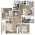 Chic floor plan featuring two bedrooms, a cozy living area, modern kitchen, and two bathrooms.