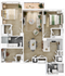 Chic 3D floor plan with 2 bedrooms, open living area, modern kitchen, and two bathrooms.