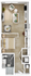 Modern studio apartment floor plan featuring an open living area, cozy bedroom space, sleek kitchen, and a compact bathroom.